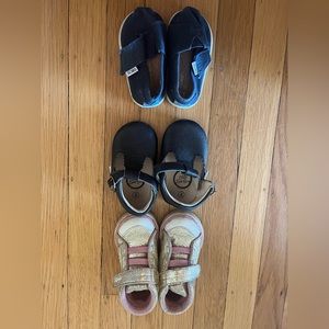 (3) sets of girl shoes. Size 4 or first walkers.